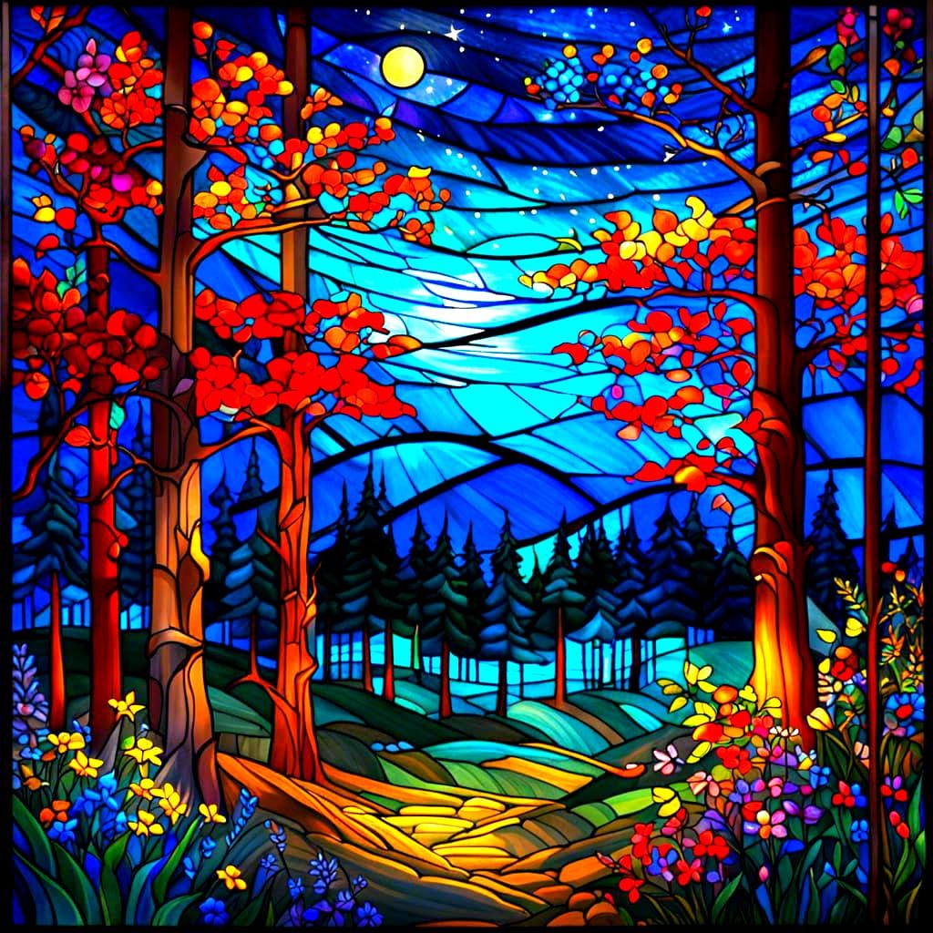 Stained Glass Night Sky Over Fiery Forest
