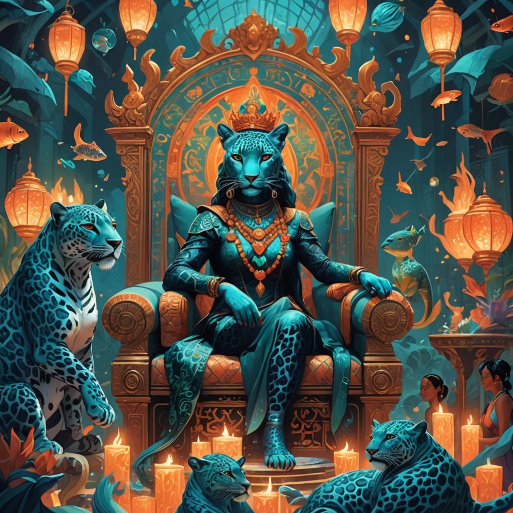 Blue Leopard Queen on Throne in Dreamlike Concept Art