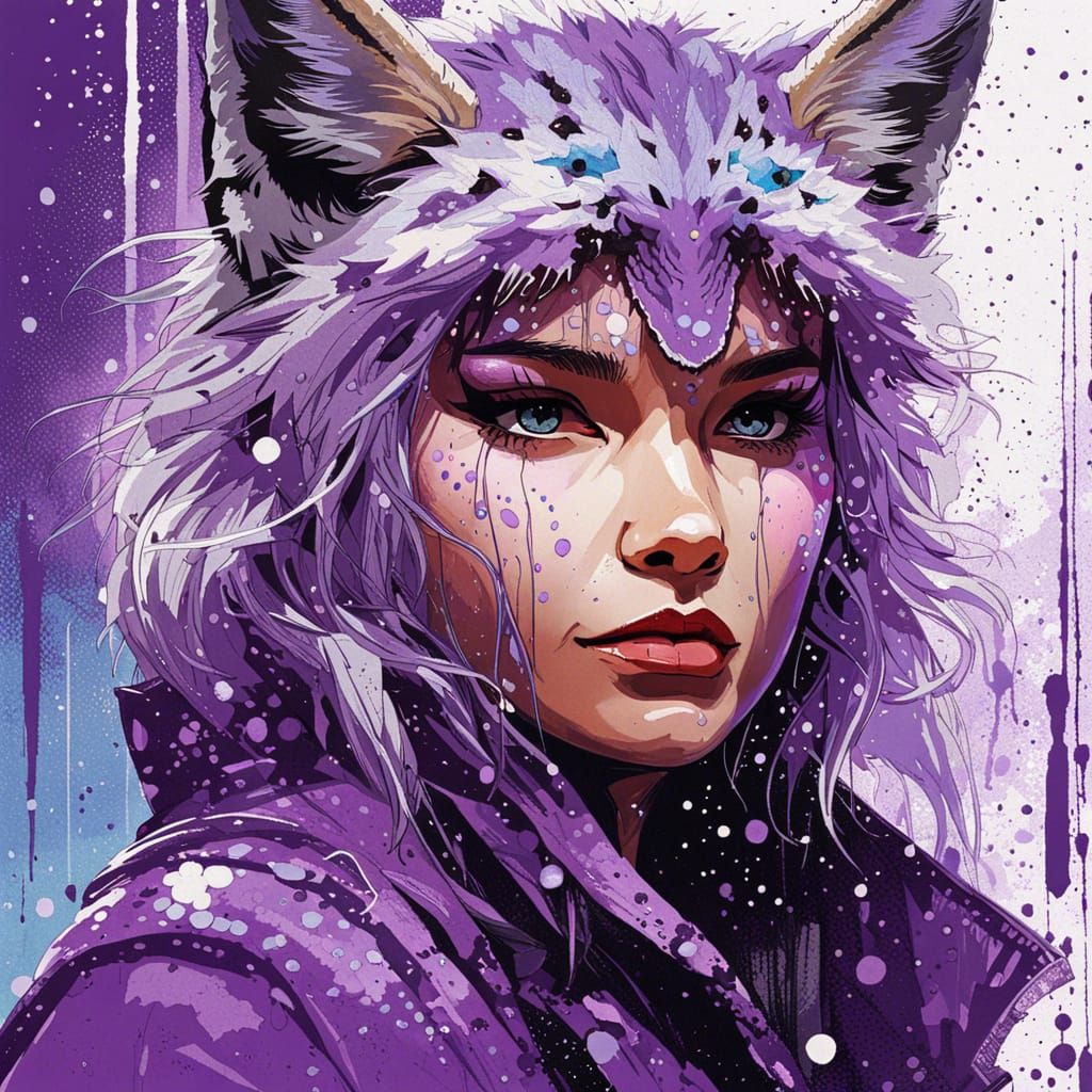 Lynx Portrait on Starship Deck in Pointillist Style