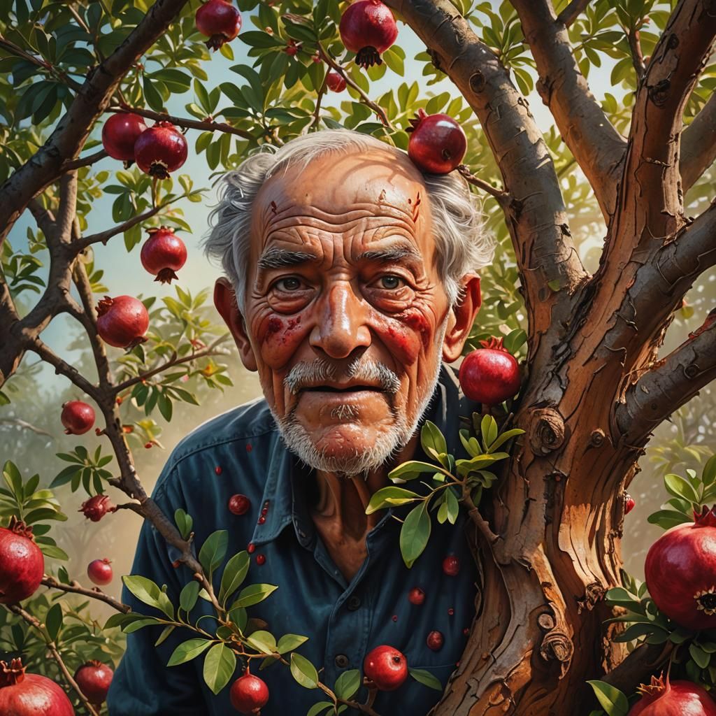 Pomegranate Tree Man: Hyperrealistic Concept Art