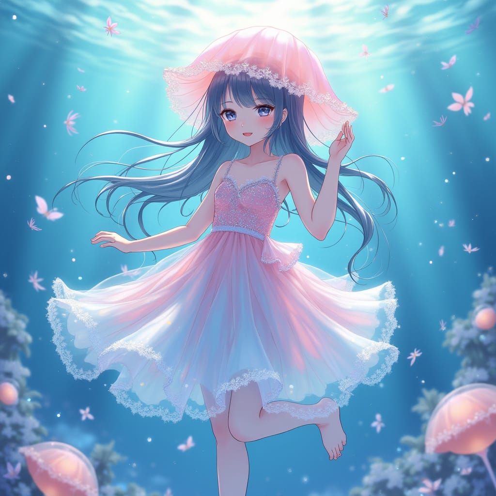 Anime Girl in Whimsical Jellyfish-Inspired Dress