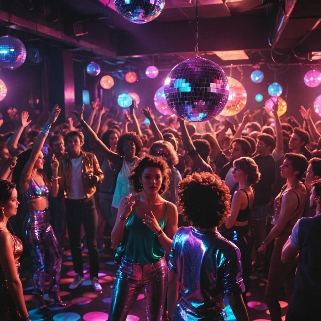 Neon Retro-Futuristic Disco Dance Hall in 80s Style