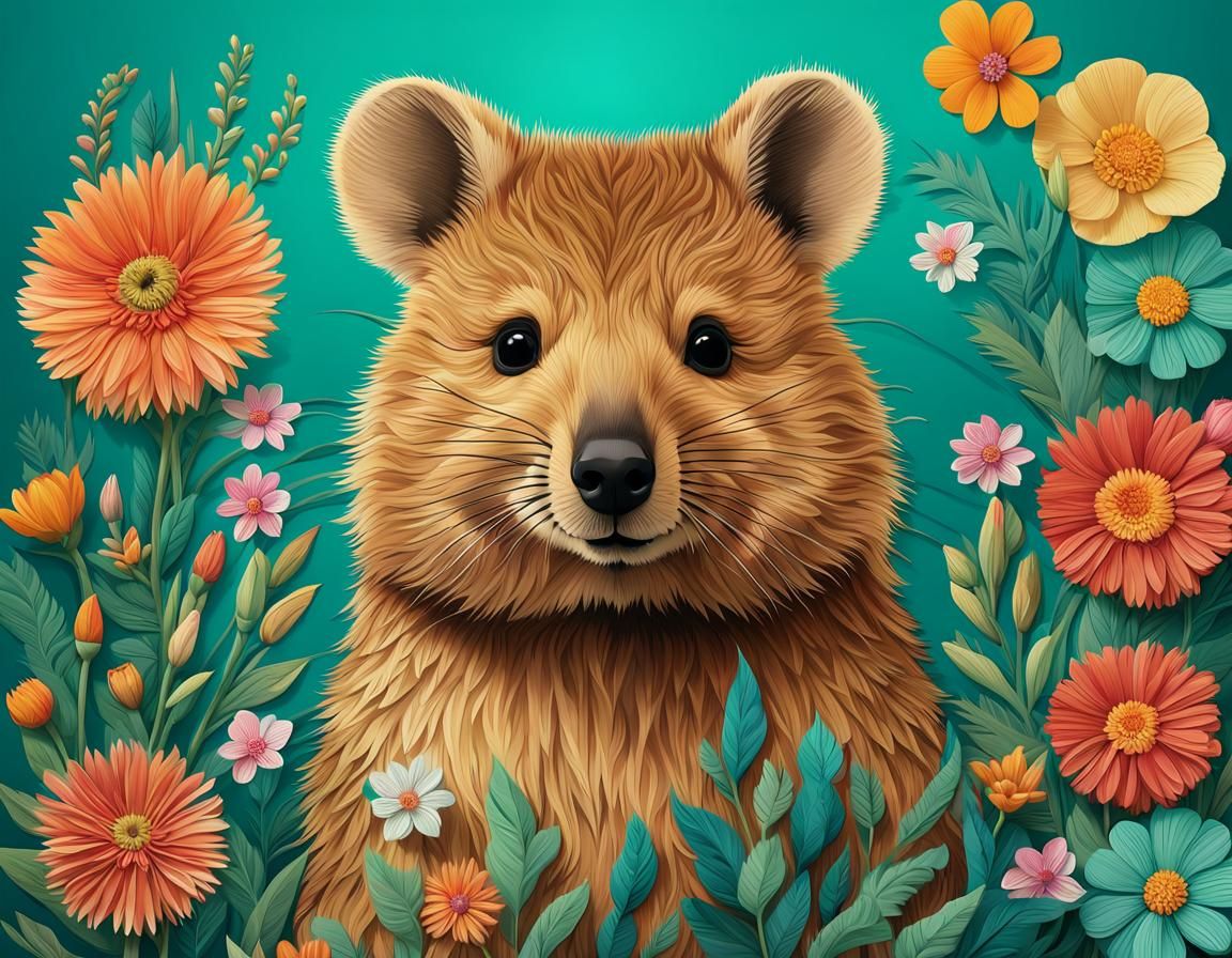 Colorful Quokka with Flowers: Detailed Digital Art