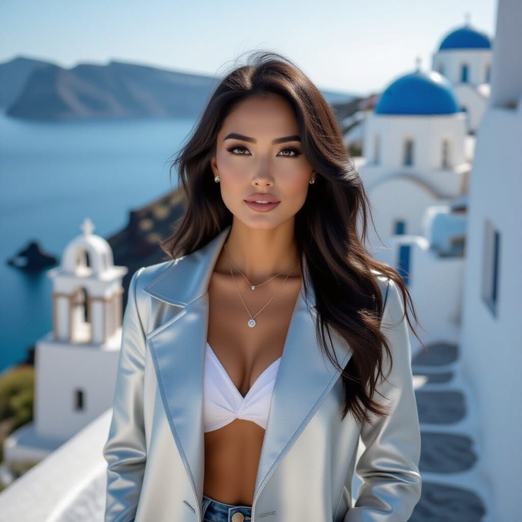 Hyperrealistic Portrait in Santorini with Silver Coat