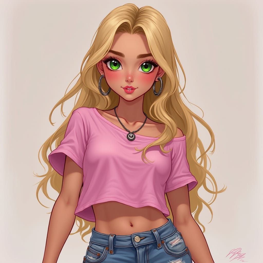 Blonde Woman with Hoop Earrings, Realistic Render