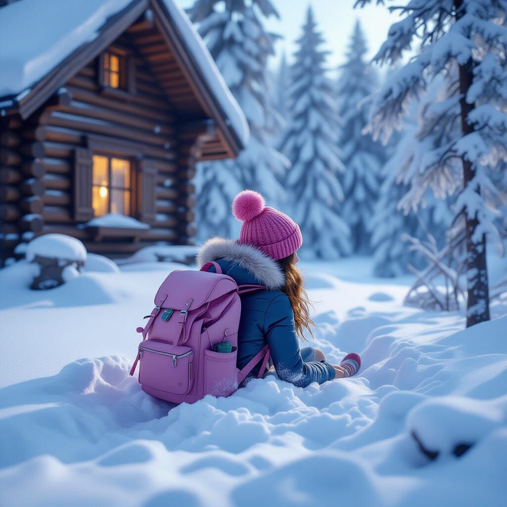 Girl Submerged in Snow Next to Log Cabin