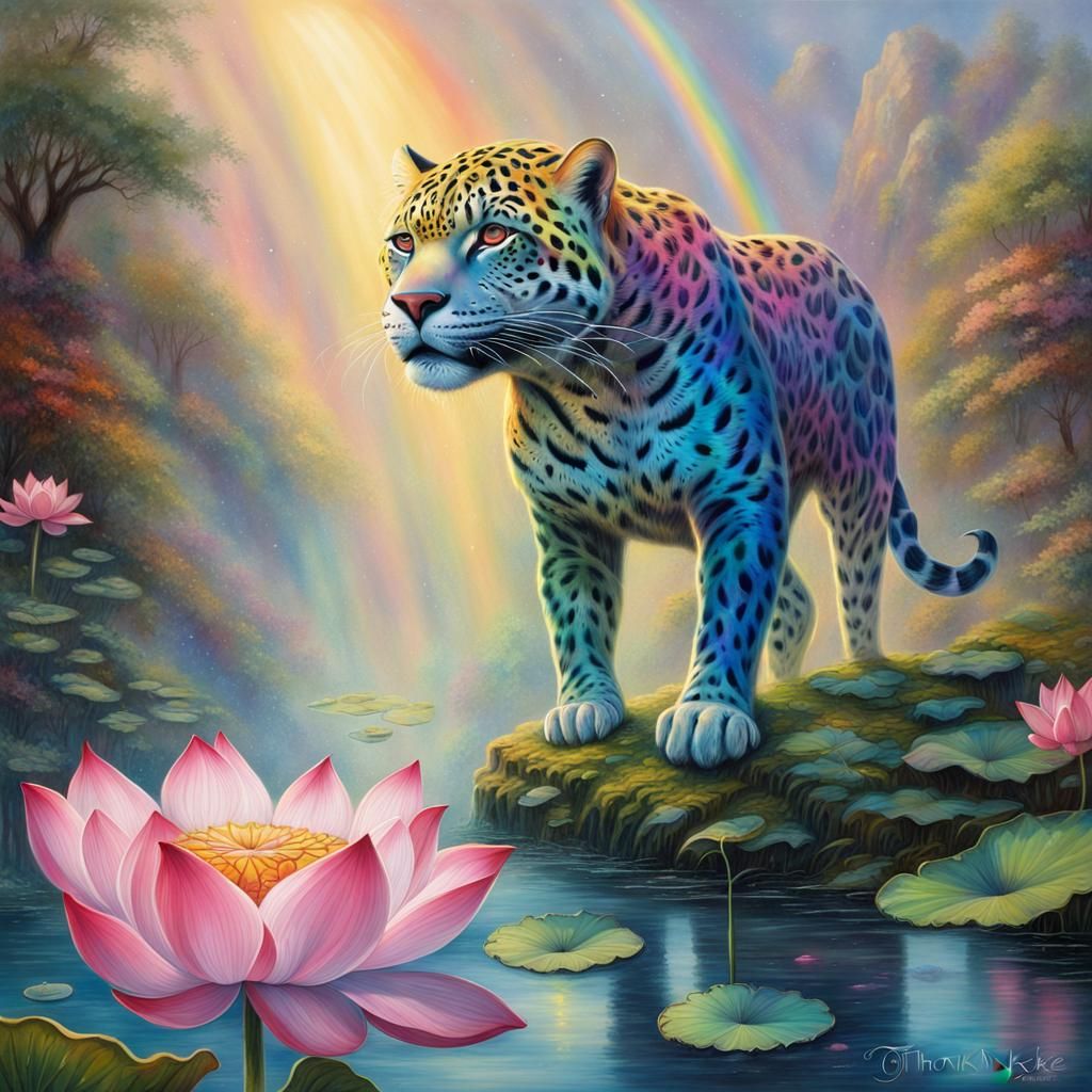 Rainbow Jaguar Lotus Splatter Paint Fantasy