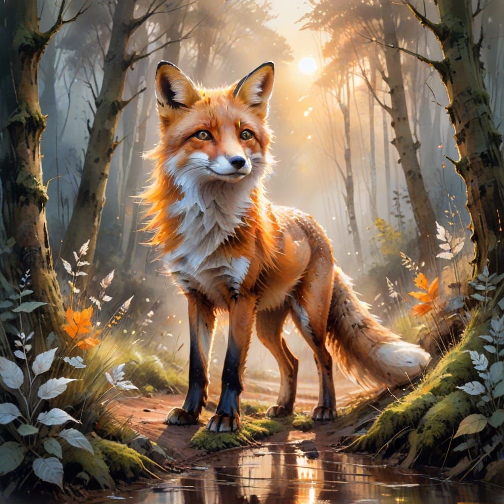 Fox on Forest Path in Watercolor Style