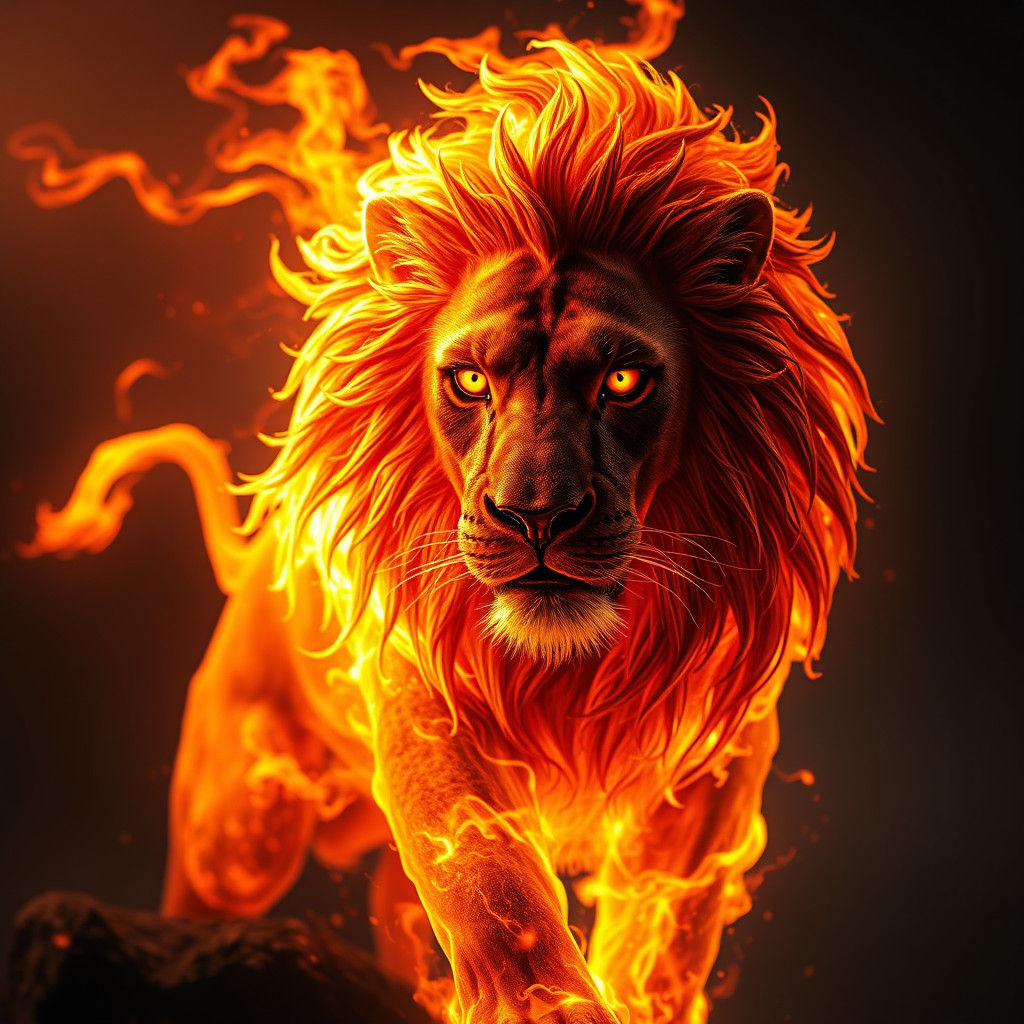 Fiery Lion Digital Art: Artgerm, WLOP Style