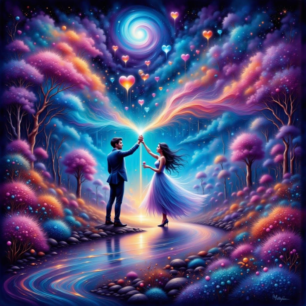Couple Releasing Love Bubbles in Ethereal Fantasy Art