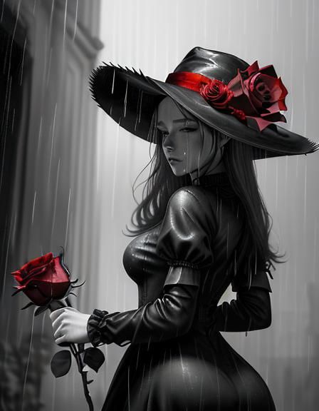 Monochromatic Sketch of a Sad Woman in Rain