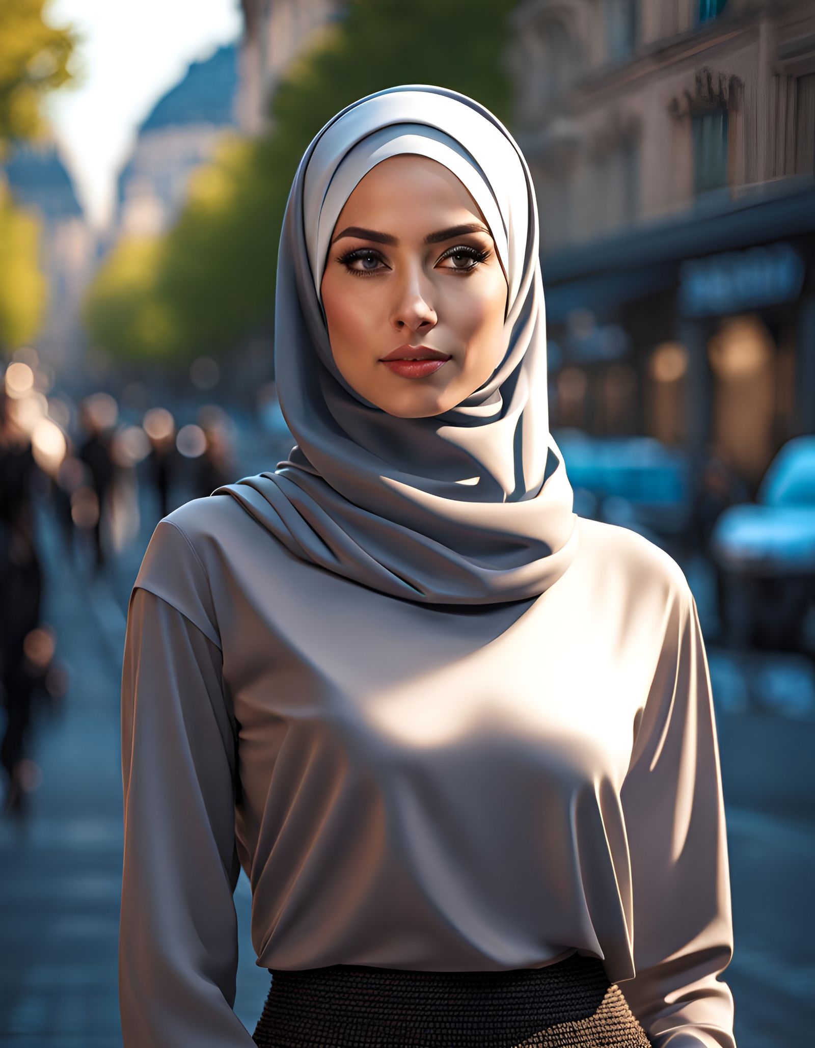 Stylish Hijabi Girl in Frankfurt: Digital Art Portrait