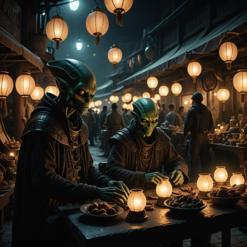 Alien Marketplace at Night: Dark Fantasy Film Still