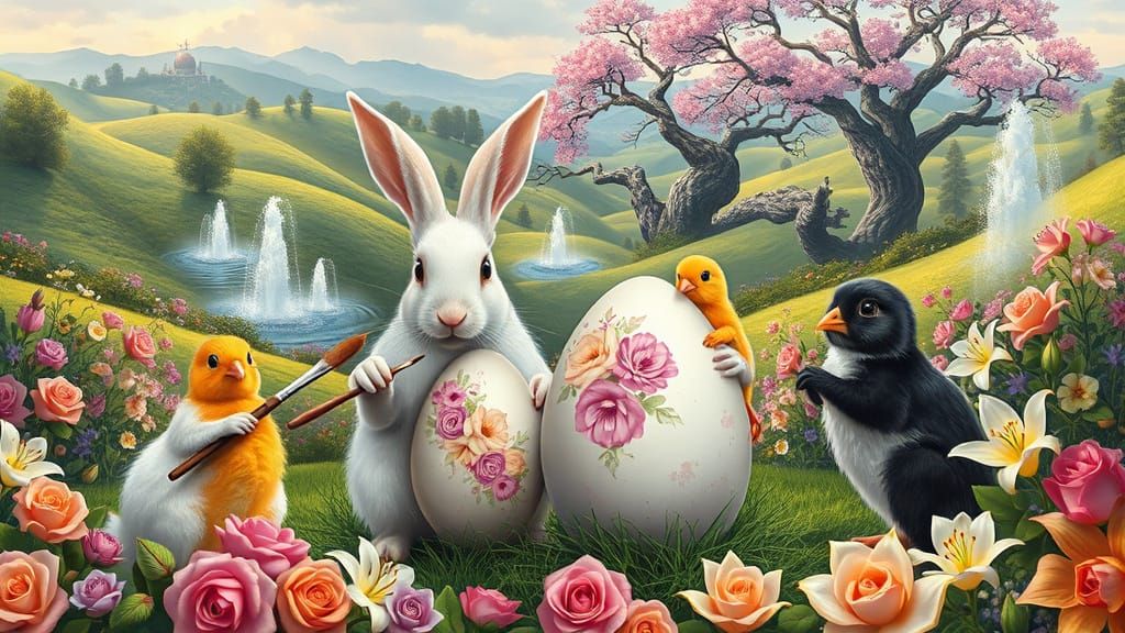 Rabbits and Chicks Painting Easter Eggs in Fantasy Landscape