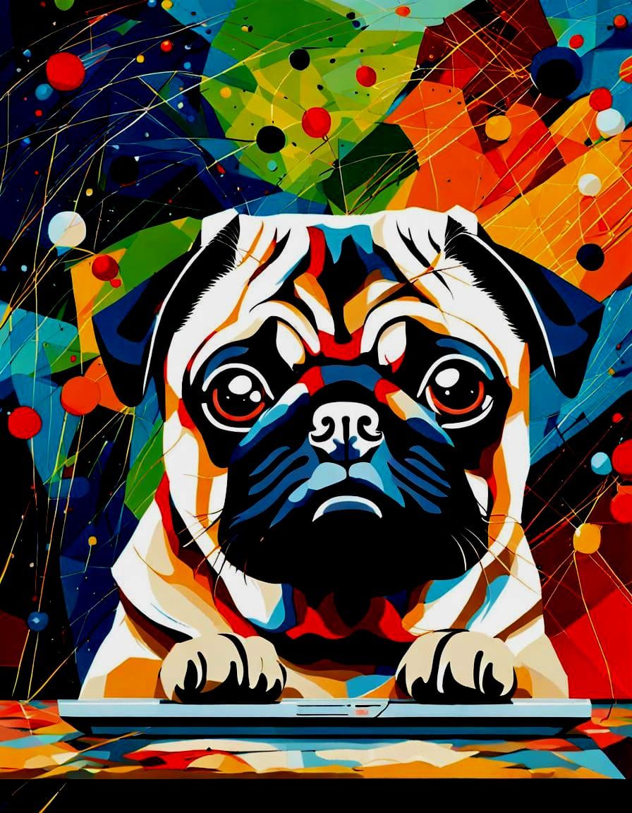 Pug Contemplates Abstract Art Online