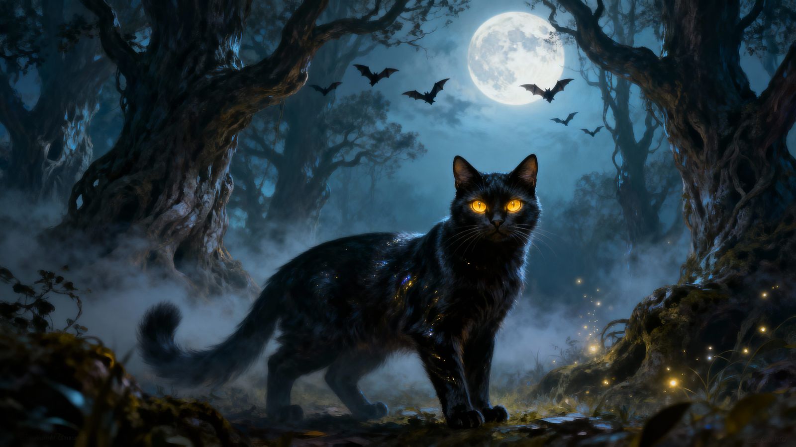 Mystical Cat with Glowing Eyes in Moonlit Forest