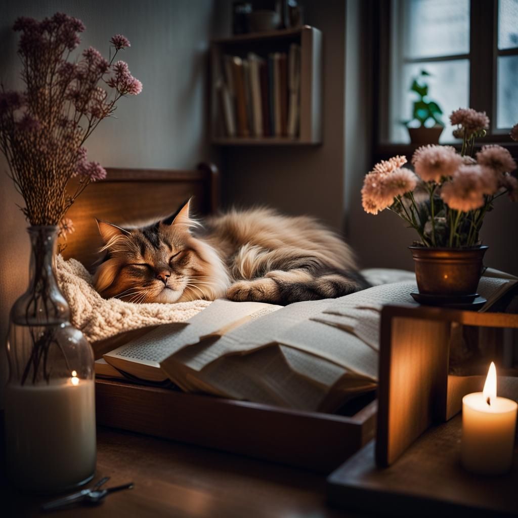 Cozy Polaroid of Birman Cat Sleeping in Tiny Bed