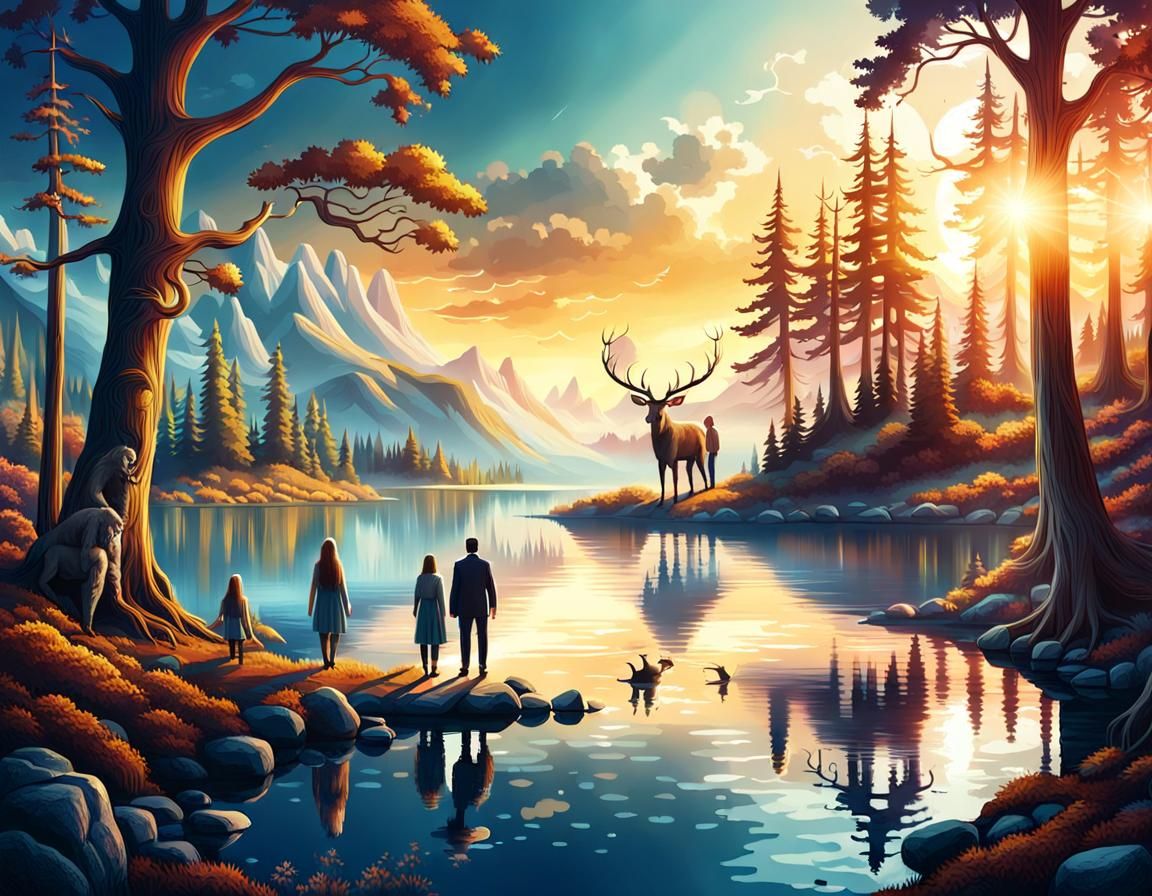 Mystical Forest Scene with Antlered Humans at Sunset