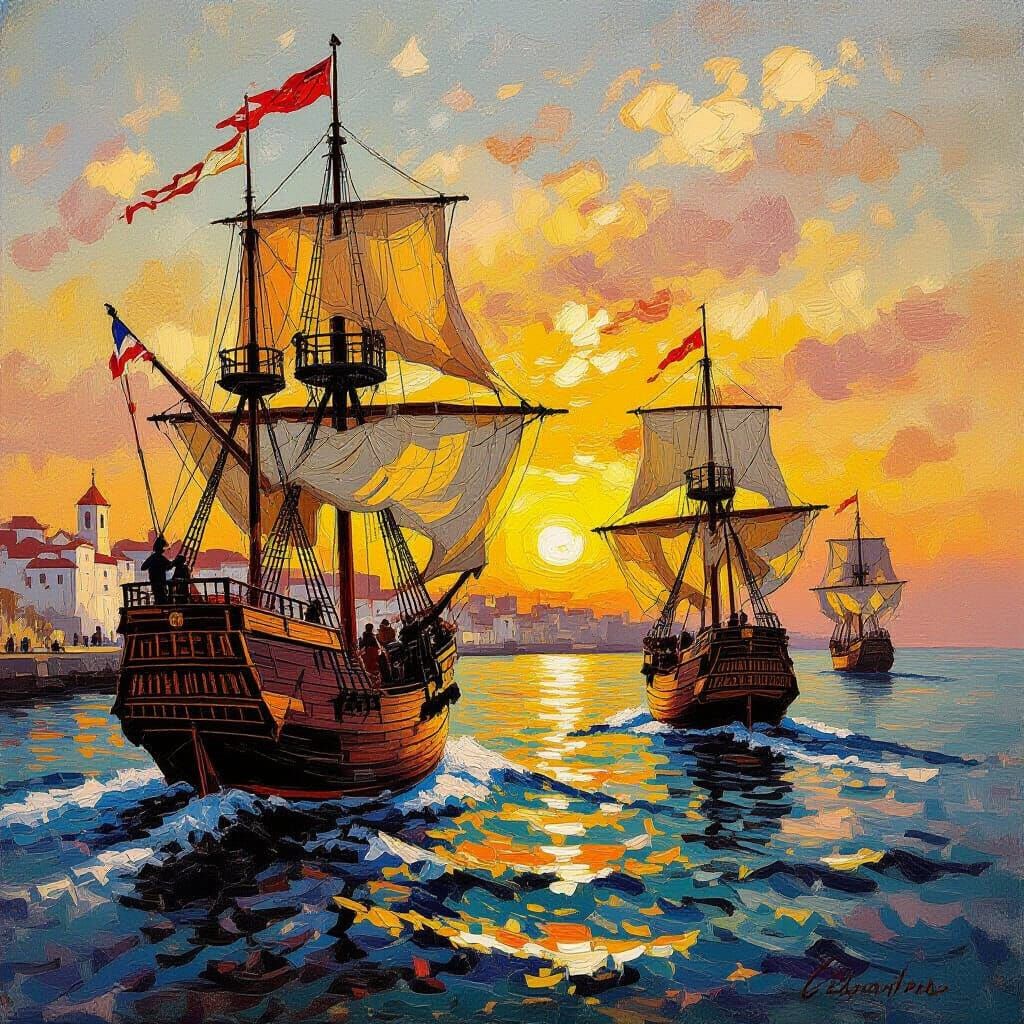 Spanish Galleons at Dawn: A Post-Impressionist Seascape