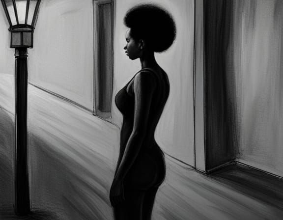 Night Street: Woman in Nightie, Charcoal Drawing