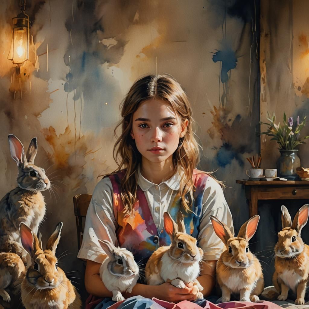 Rabbit-Faced Hybrid Girl in Watercolor Concept Art