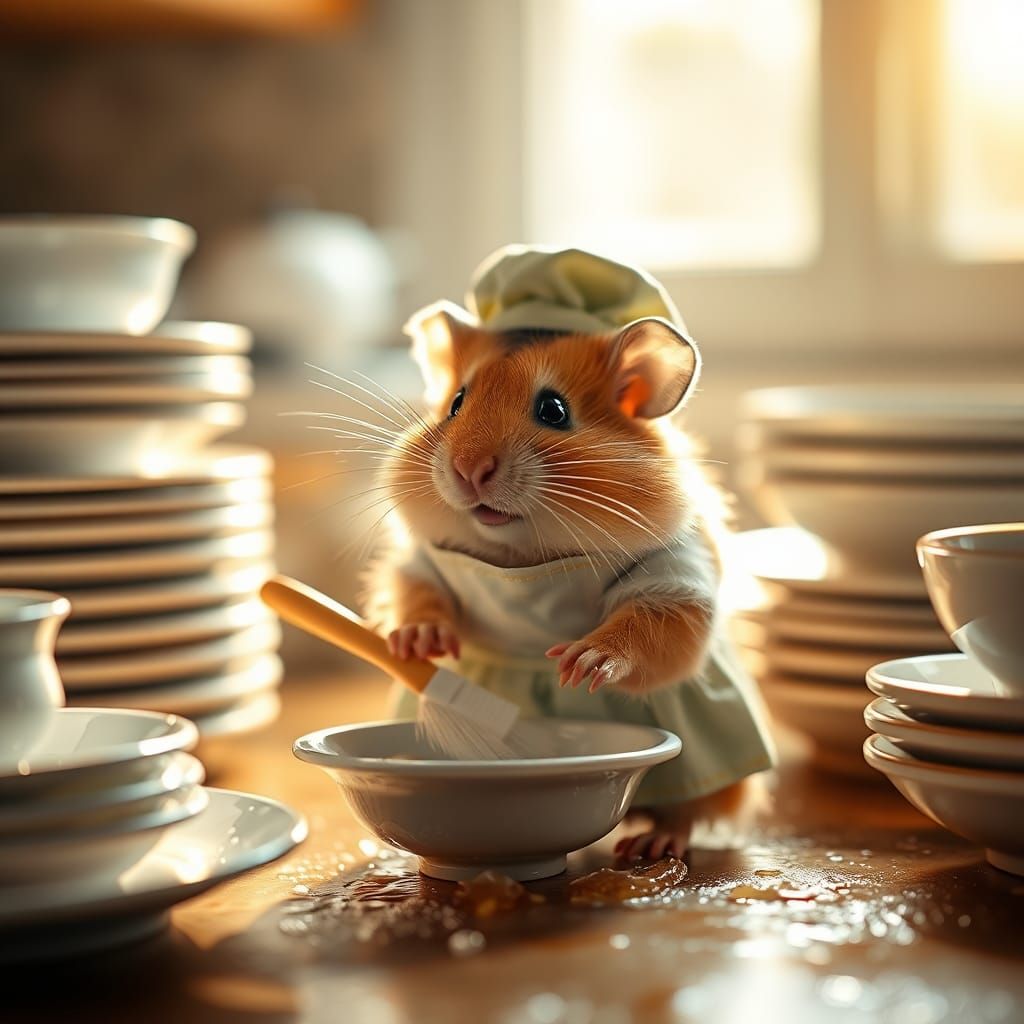 Hamster Washing Dishes in Cozy Kitchen