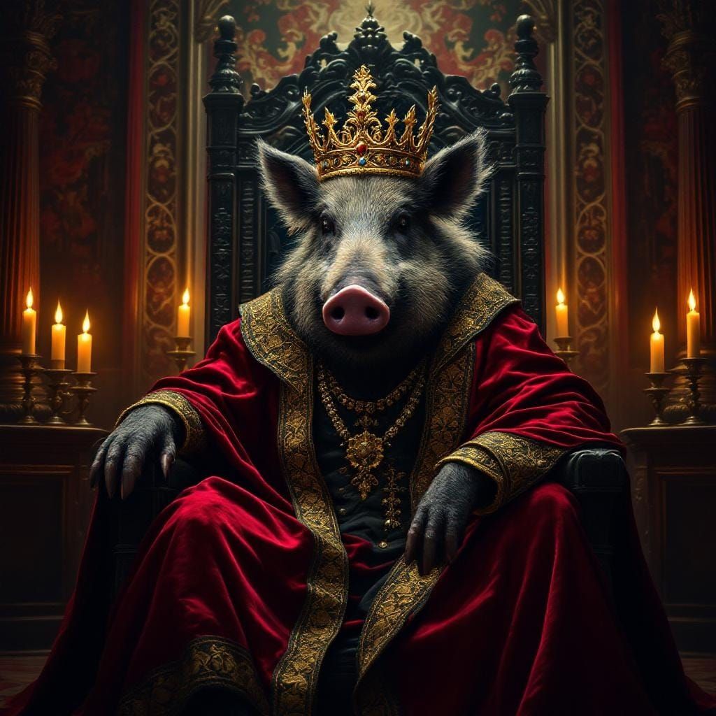 Crowned Boar King on Throne, Art Nouveau Style