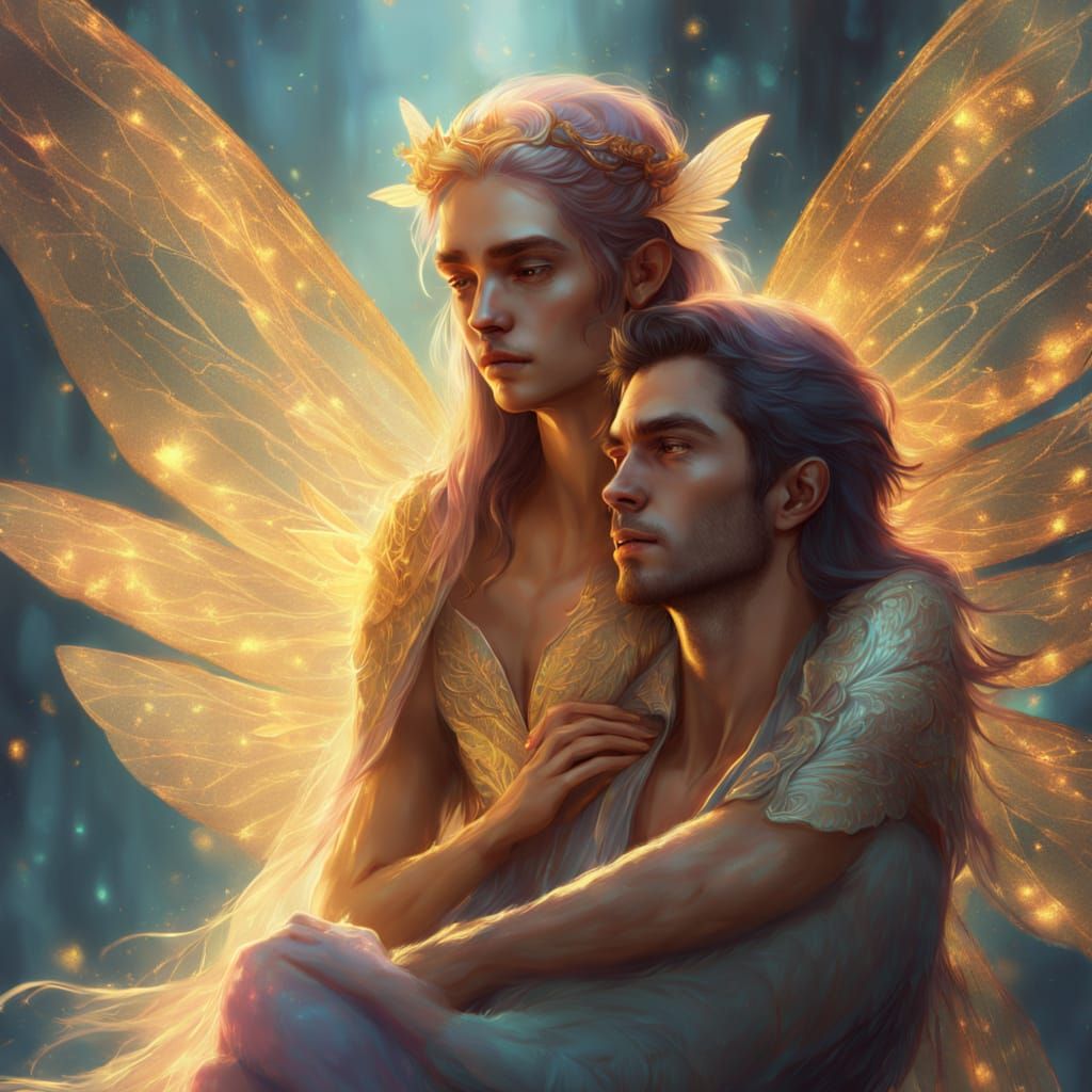 Fairy Woman on Young Man's Shoulder: Digital Painting