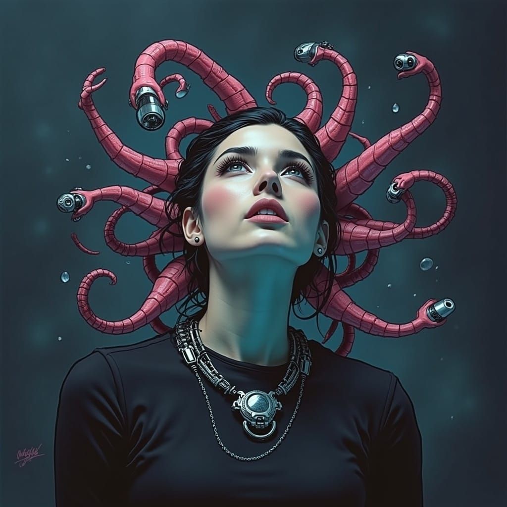Cyberpunk Goddess with Mechanical Tentacles