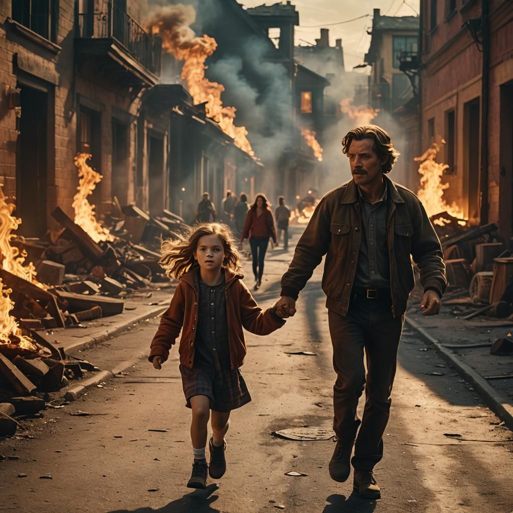 Father and Daughter Escape Burning City: Cinematic Film Stil...