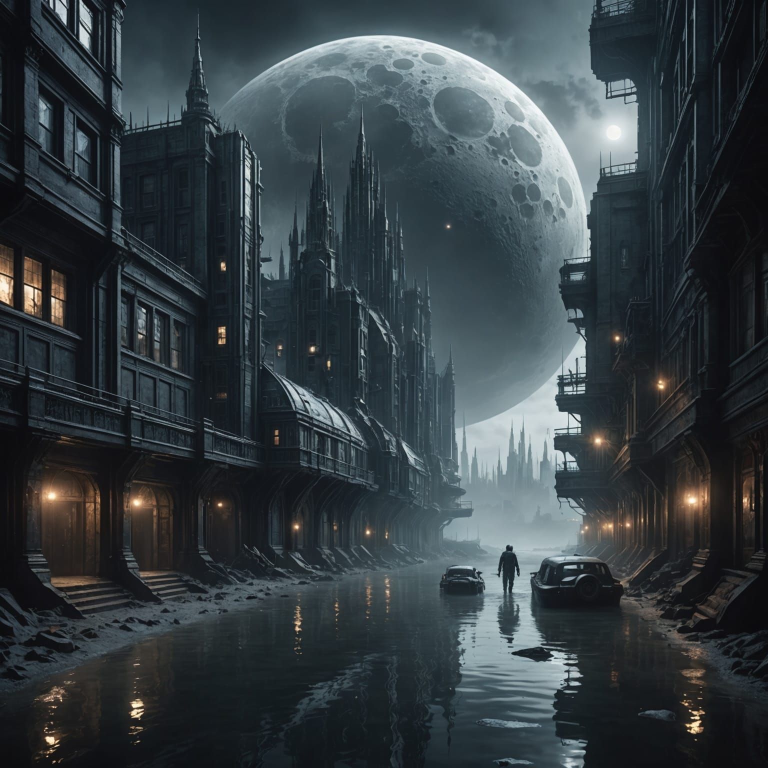 Sci-Fi Horror Moonrise Over Galactic City