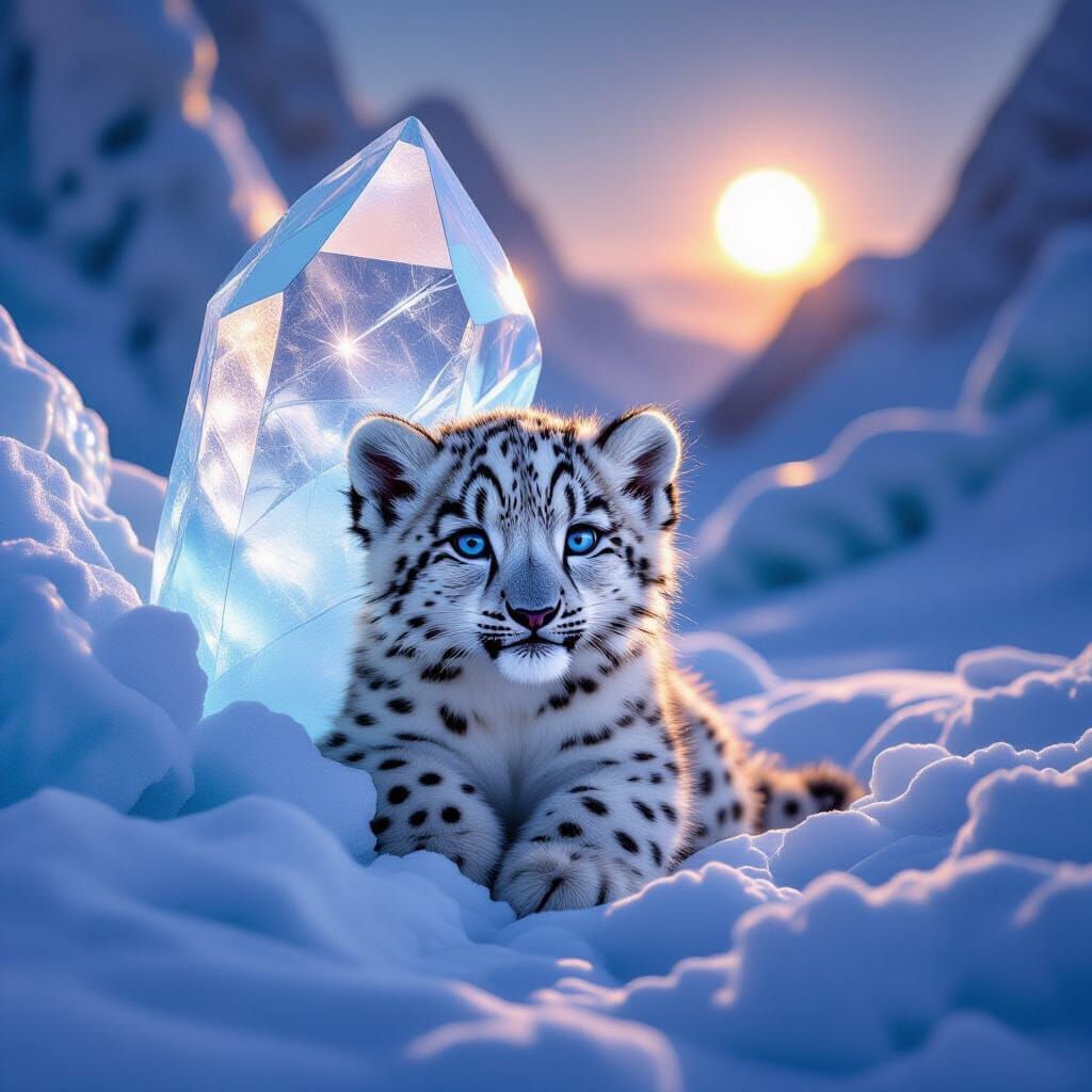 Snow Leopard Cub Peeking from Glowing Ice Crystal