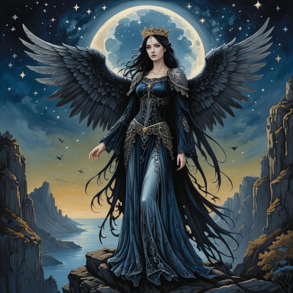 Gothic Dark Angel with Black Wings and Silver Crown