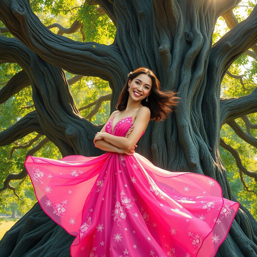 Woman Embracing Majestic Oak Tree in Whimsical Style