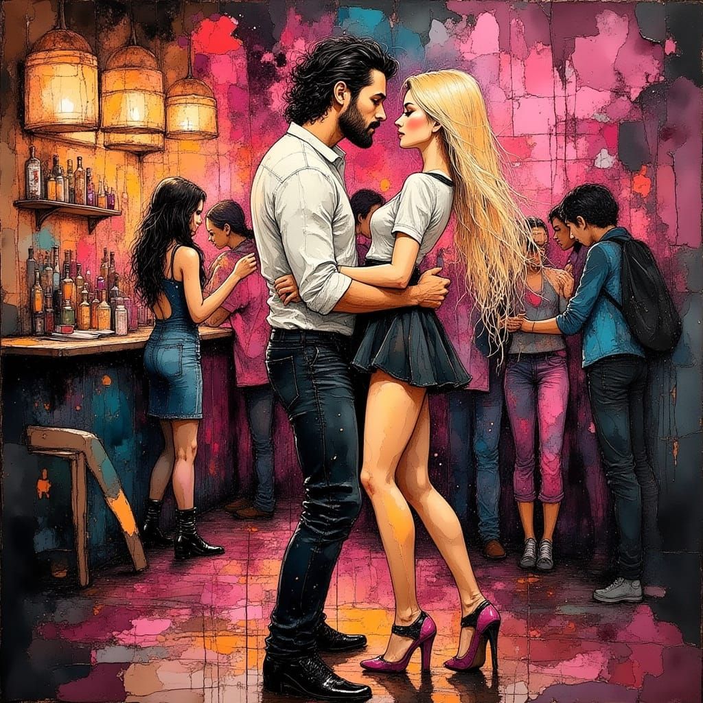 Couple Dancing Cumbia in Mexican Bar - Neo-Cubism Style