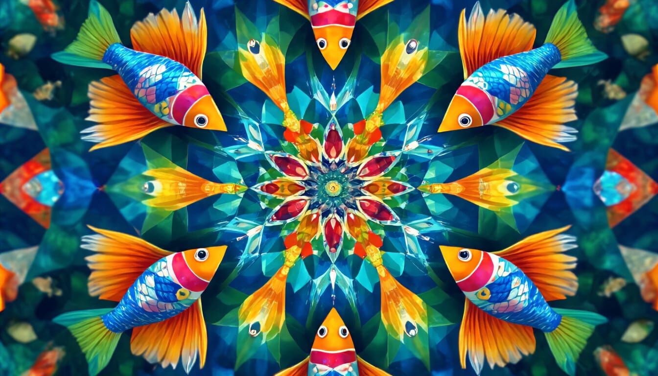 Kaleidoscopic Fish Refractions in Abstract Art