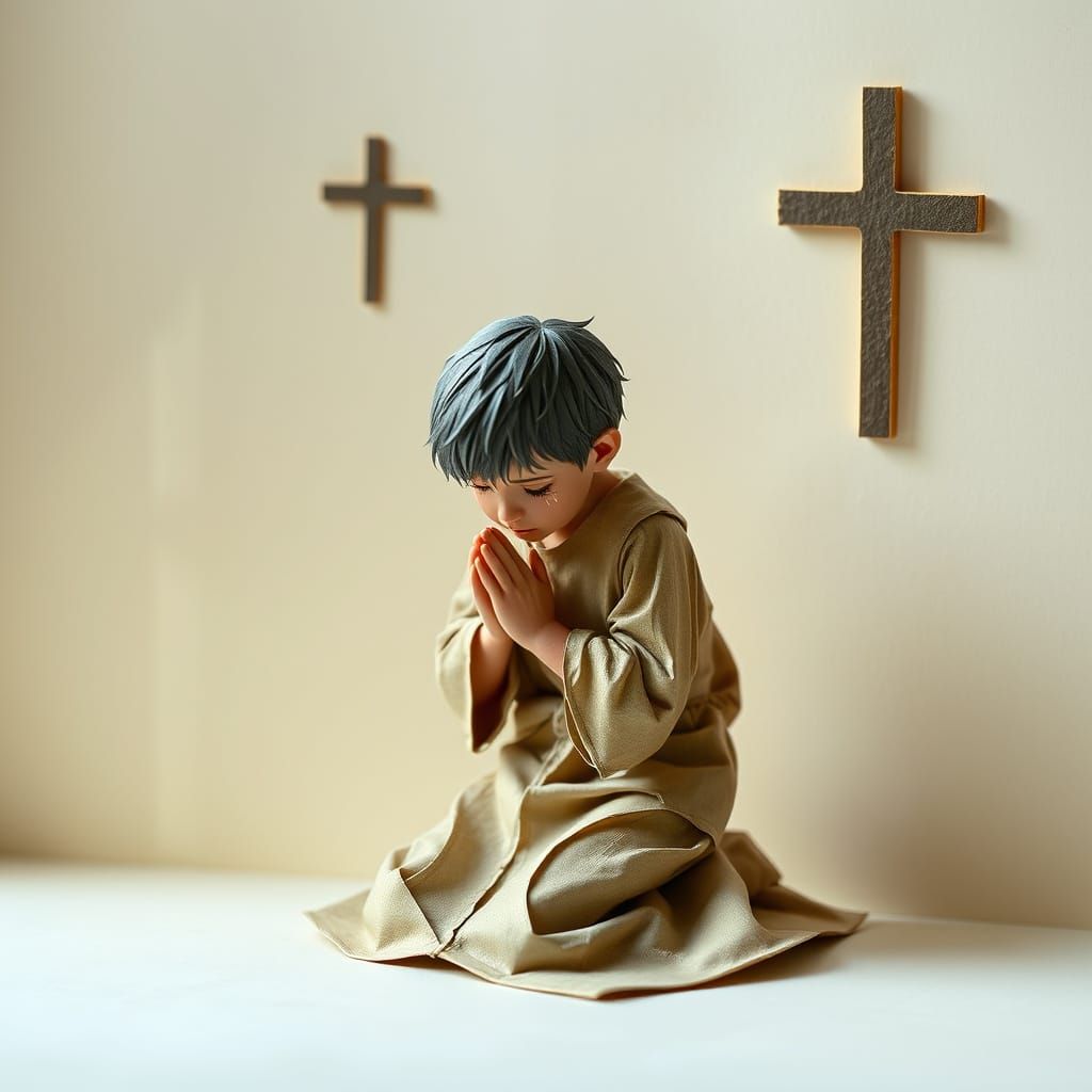 Youthful Figure in Devout Prayer, Papercraft Art