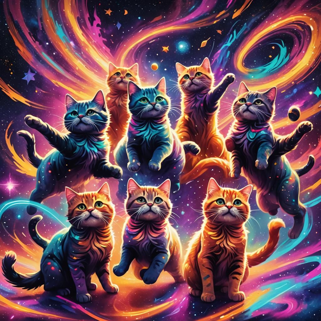 Dancing Kitties in Swirling Galaxy, Mixed Media