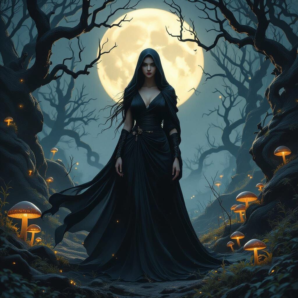 Nyx Goddess in Mystical Forest, Dreamlike Art