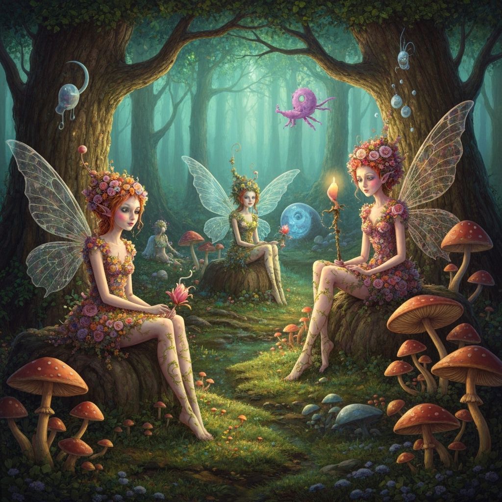 Whimsical Fairy Realm of Flowers and Surreal Objects