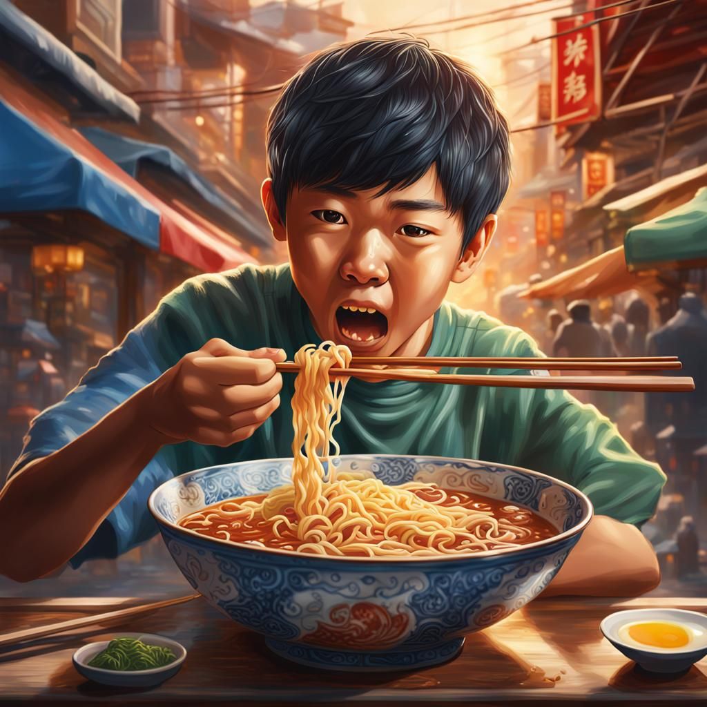 Hyperrealistic Asian Boy Eating Ramen