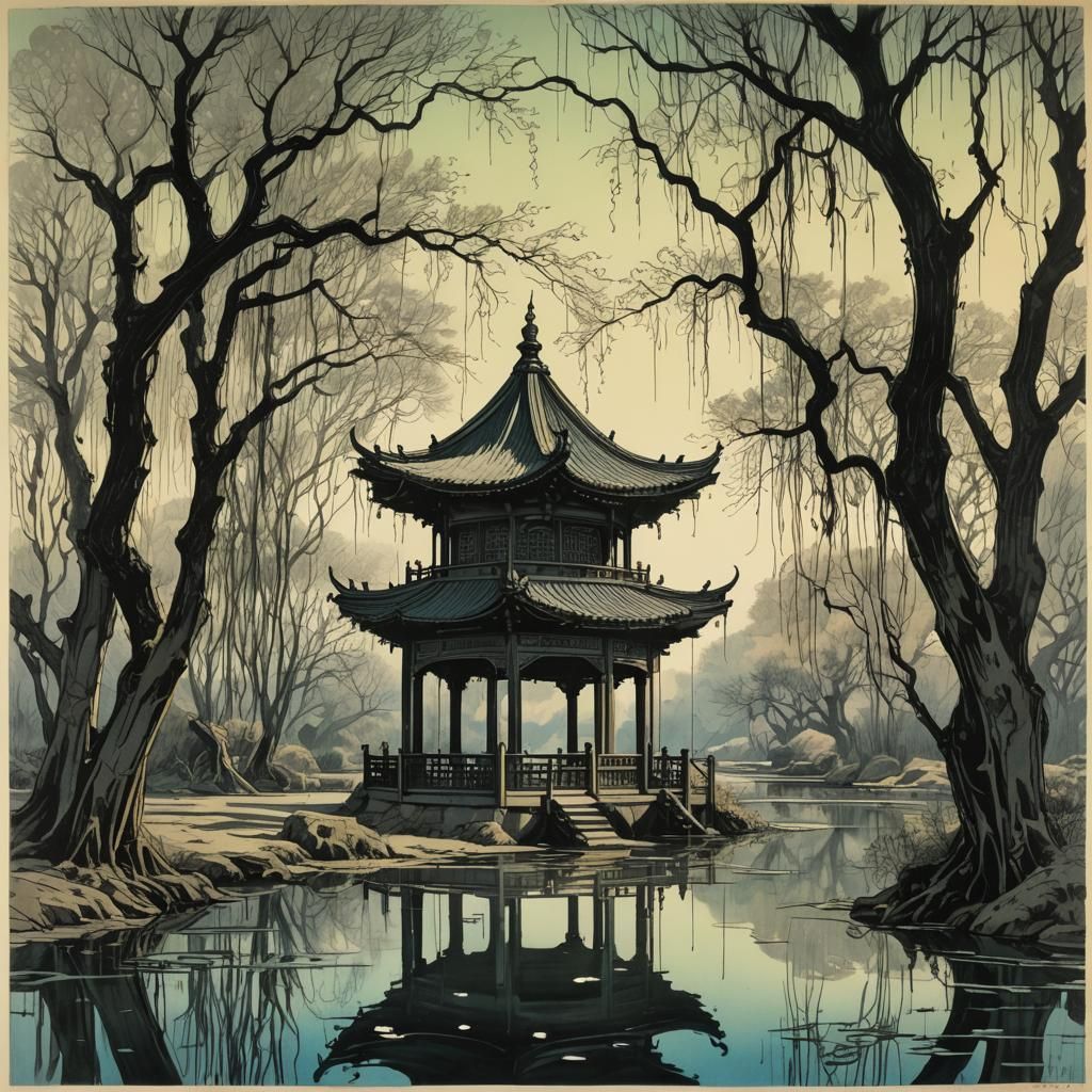 Korean Gazebo in Spring, Art Nouveau Style