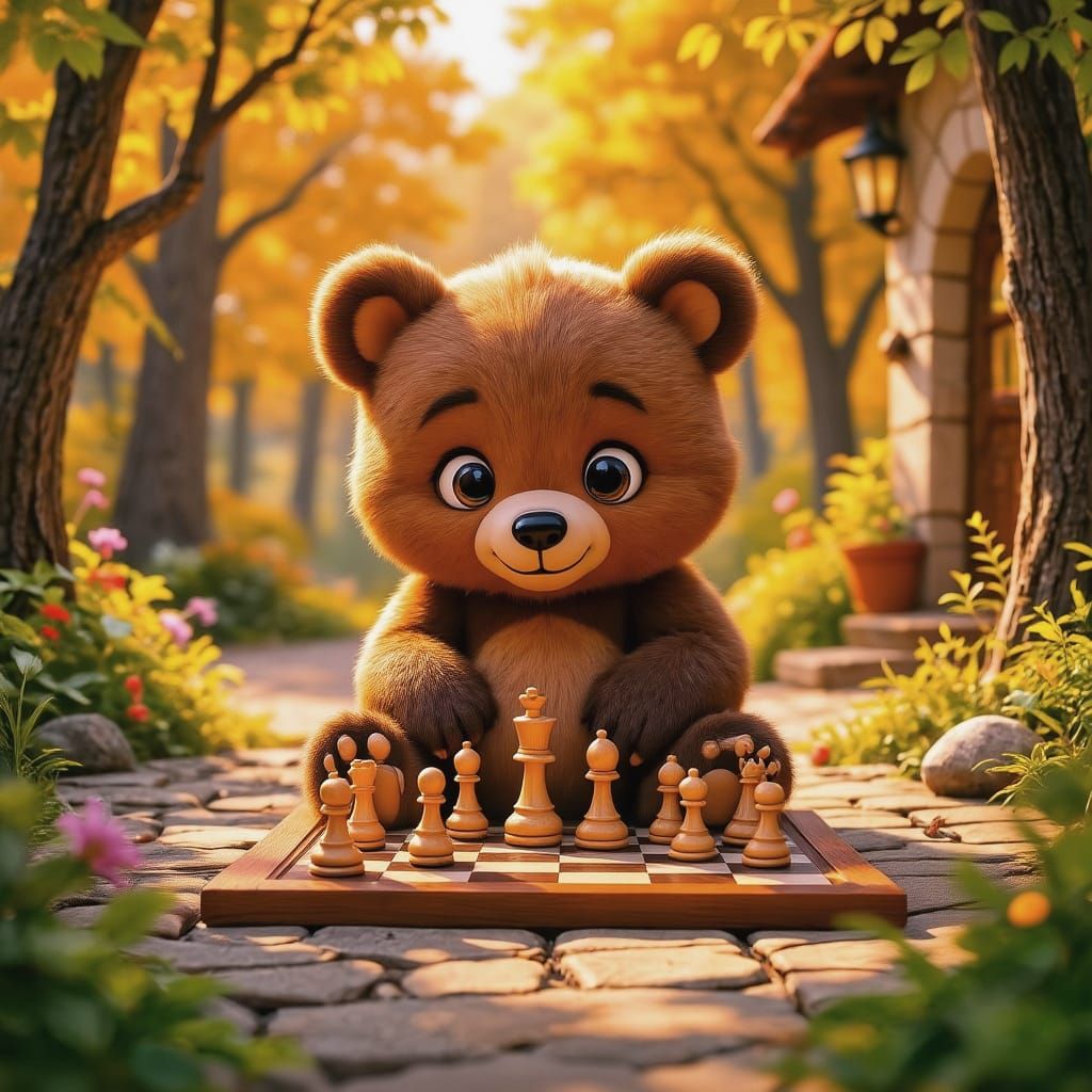 Cute Baby Bear Plays Chess In Forest Courtyard