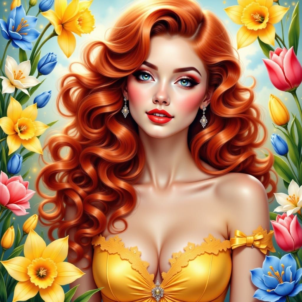 Vibrant Spring Pinup Model in Whimsical Digital Art