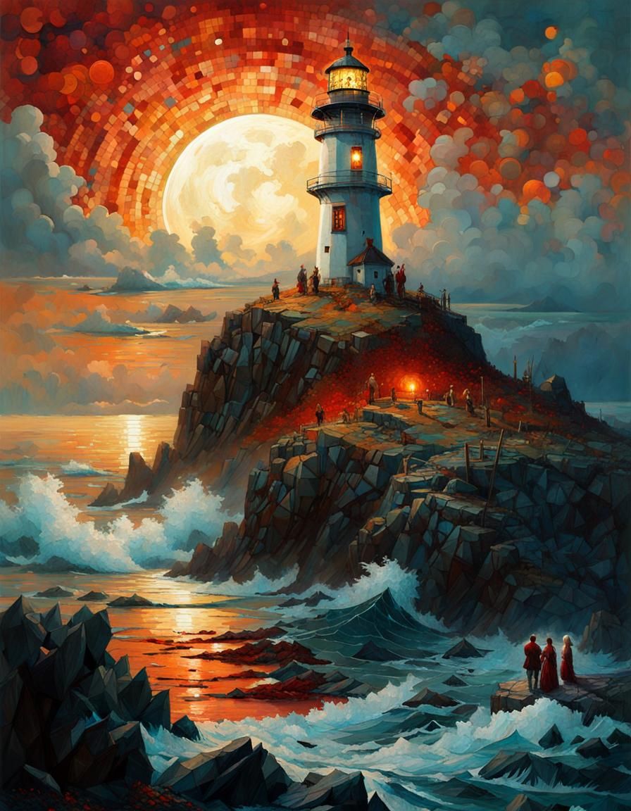 Chaotic Cubist Bloodmoon Lighthouse Seascape in Digital Poin...