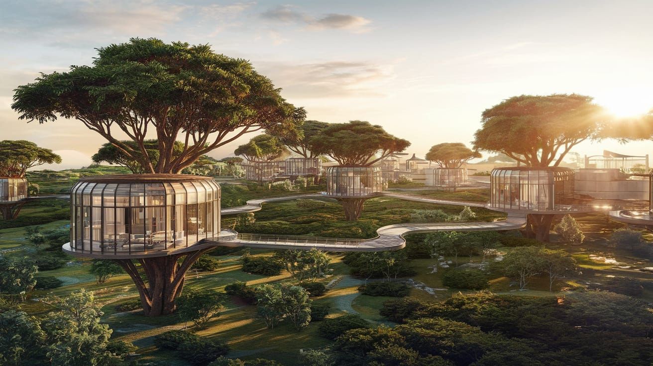 Glass and Steel Treehouses at Golden Hour Sunset