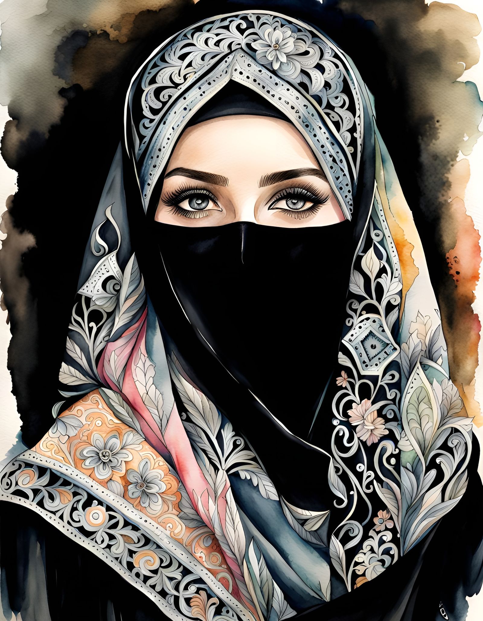 German Woman in Niqab: Watercolor and Ink Portrait