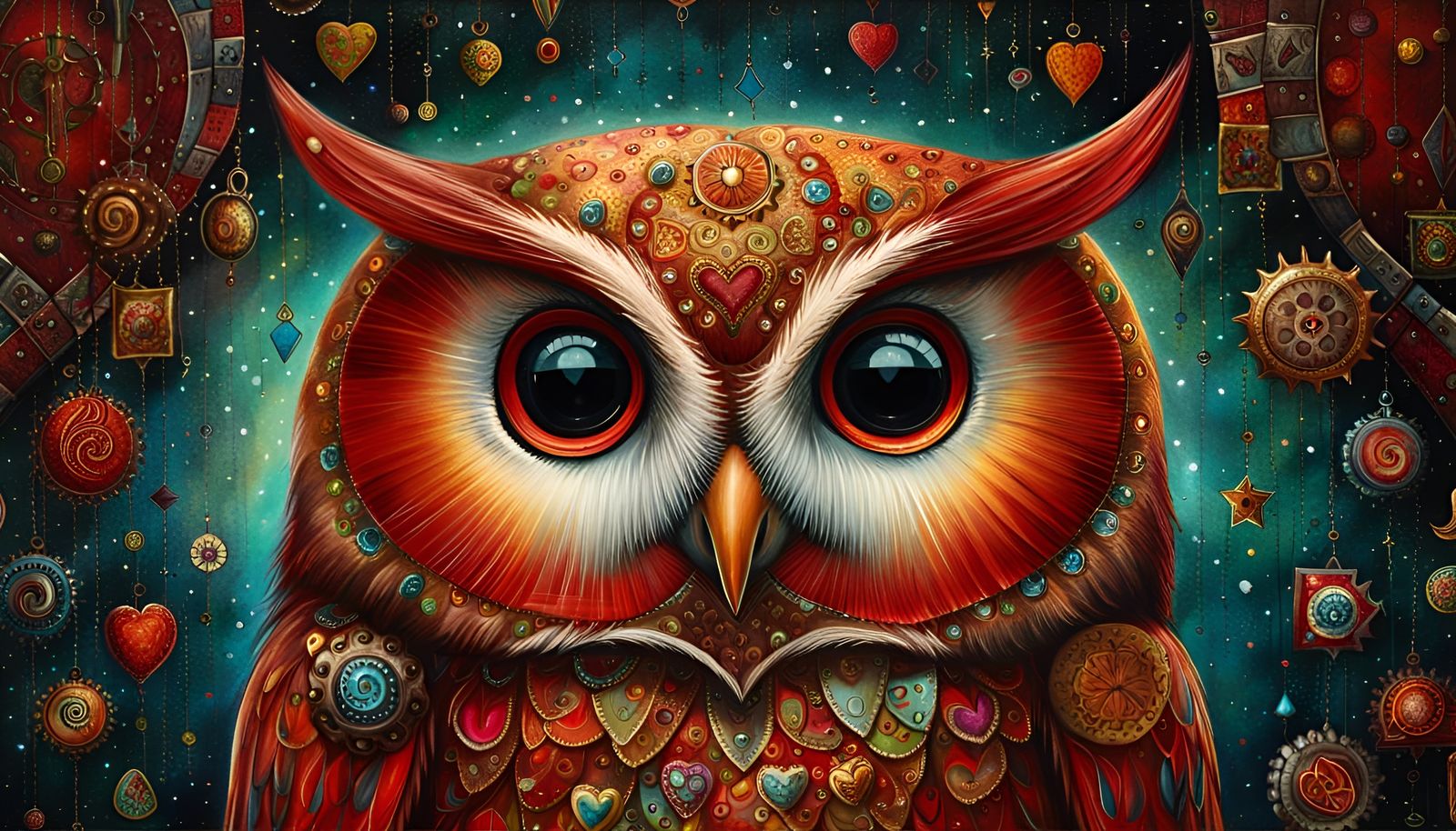 Noble Barn Owl Portrait with Hearts, Naive Art