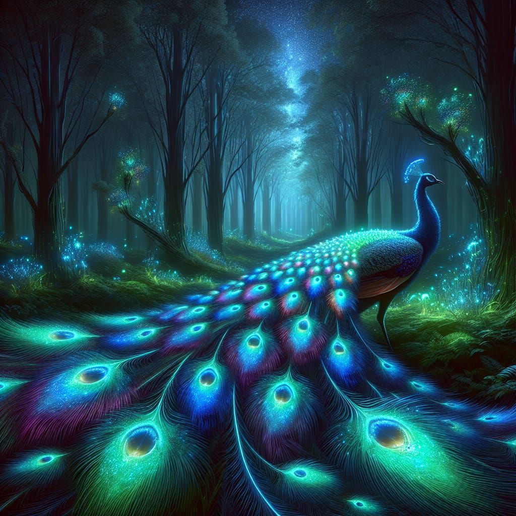 Radiant Peacock in Bioluminescent Cosmic Forest