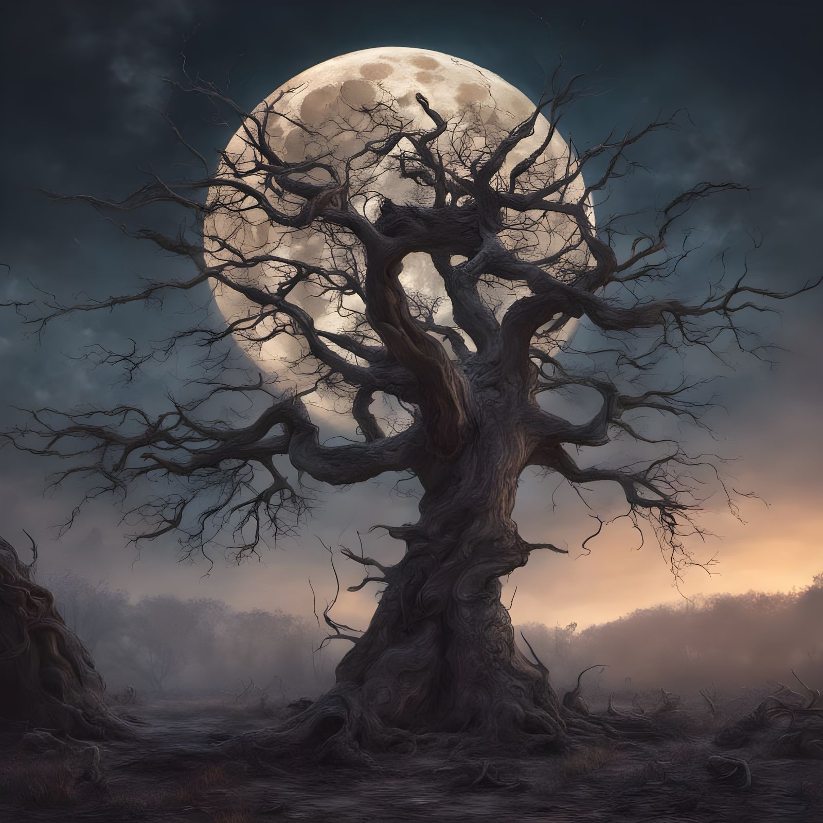 Barren Tree Under Giant Moon: Matte Painting